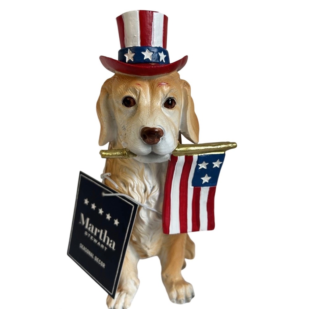 Martha Stewart Patriotic Golden Retriever Dog Figurine Uncle Sam Hat Flag 9" NWT
